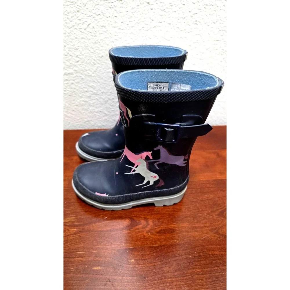 Joules Kids Navy Rain Boots With Pink Unicorn Print & Buckle Detail Size 9